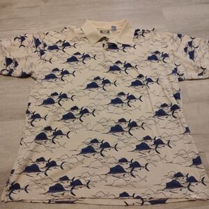 Vtg AOP Swordfish Polo Shirt Nature 90s XL Mesh Global Tracking 100% Cotton‎